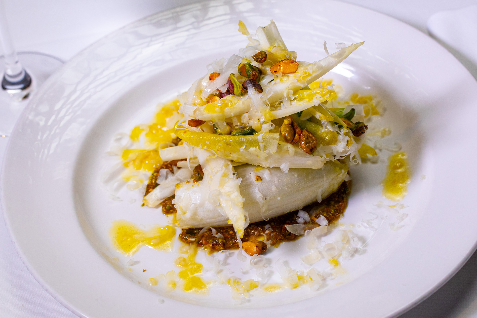 Endive Salad with Avocado Piave and Pistachio Aillade